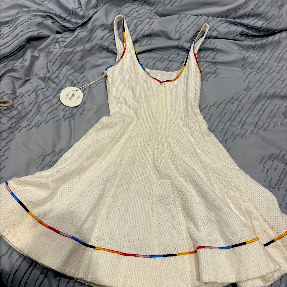 Staud rainbow mini wells dress, white fit and flare with rainbow piping, size 4